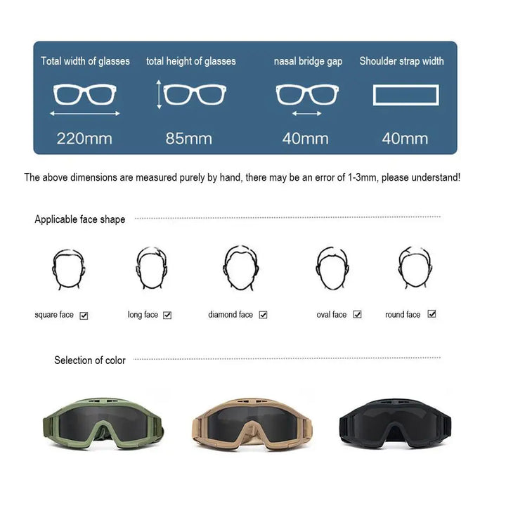 Óculos táticos 3 lentes à prova de vento à prova de poeira
